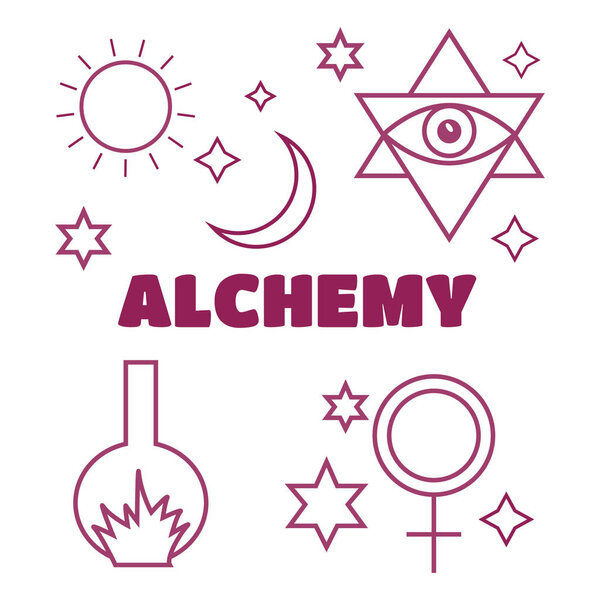 Alchemy, spirituality symbols in flat style vector. Alchemy vect