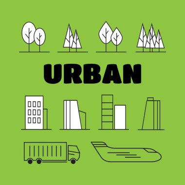 Doğrusal peyzaj öğeleri Icons set vektör. Satır ağaçlar, çiçekler,