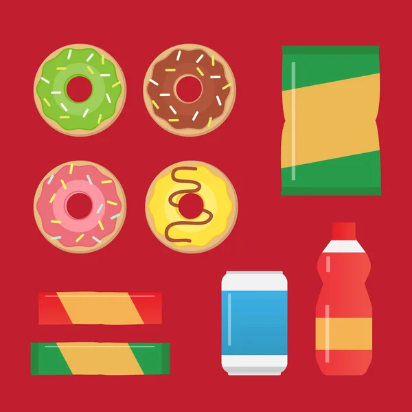 Snabbmat snacks och drinkar platt ikoner. — Stock vektor