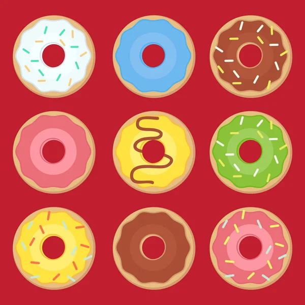 Dulces rosquillas de azúcar vidriada. Vector papas fritas pastelería donut iconos — Archivo Imágenes Vectoriales