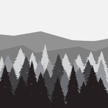 Vektör arka plan çam ormanı ve dağlar. Panorama Tayga sil