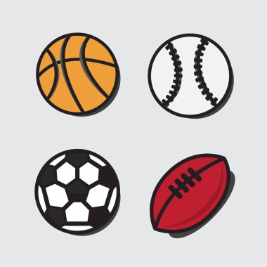 Spor topları. Vektör karikatür topu futbol için rugby ayarlayın. Basketb