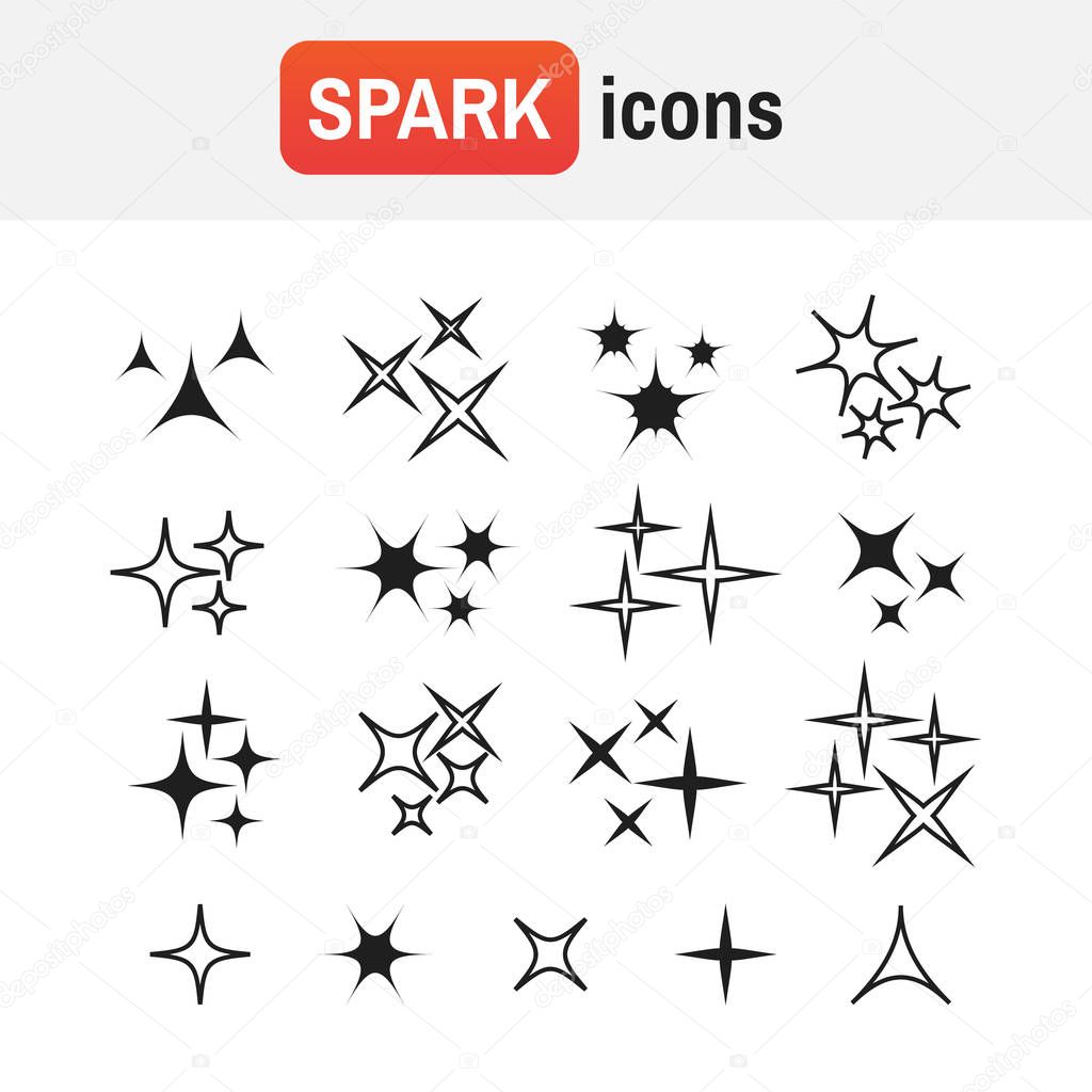sparkle star icon. Black sparkles, glowing light effect stars and bursts vector set