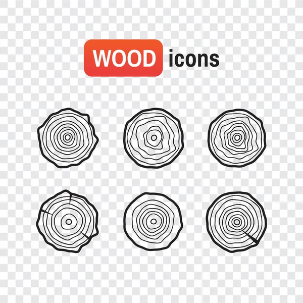 Troncos de madera. Árbol anillos iconos, concepto de corte de sierra borracho — Vector de stock