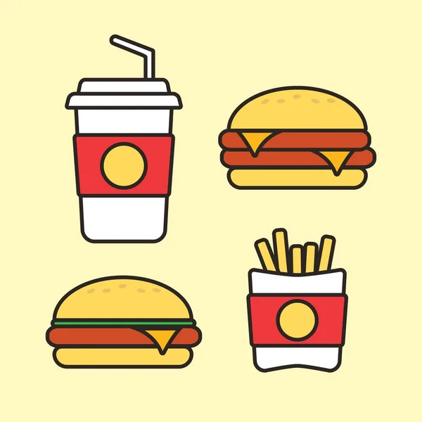Fast food lanches e bebidas ícones vetoriais planas. Ícones de comida rápida. S — Vetor de Stock