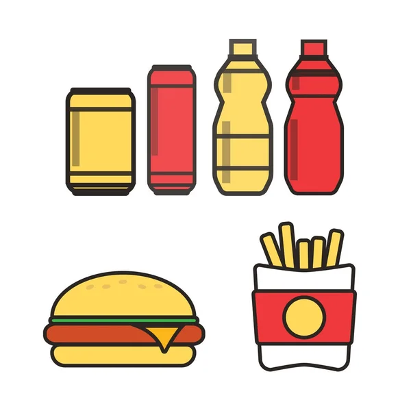 Fast food, przekąski i napoje płaskie wektorowe ikony. Fastfood ikony. S — Wektor stockowy