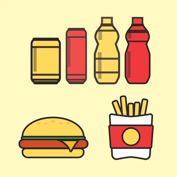 Fast food, przekąski i napoje płaskie wektorowe ikony. Fastfood ikony. S — Wektor stockowy