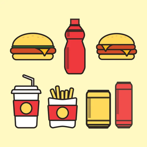 Fast food lanches e bebidas ícones vetoriais planas. Ícones de comida rápida. S — Vetor de Stock