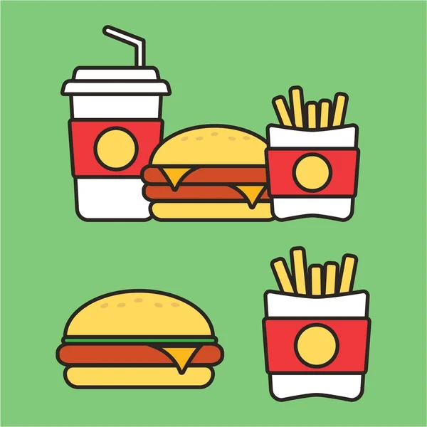 Fast food lanches e bebidas ícones vetoriais planas. Ícones de comida rápida. S — Vetor de Stock