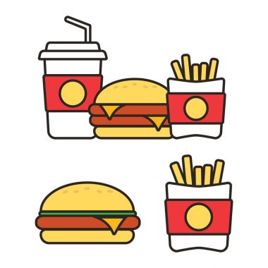 Fast food aperatifler ve içecekler düz vektör simgeler. Fastfood simgeler. S