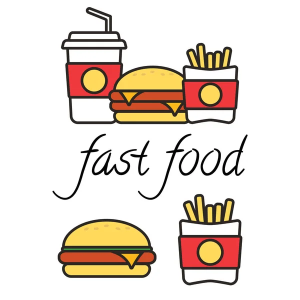 Fast Food Snacks Drankjes Platte Vector Pictogrammen Fastfood Iconen Snackzak — Stockvector