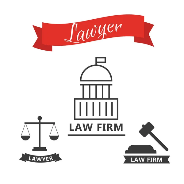 Anwaltskonzept. Juristen-Ikonen im flachen Stil. Anwaltszeichen und Symbole — Stockvektor