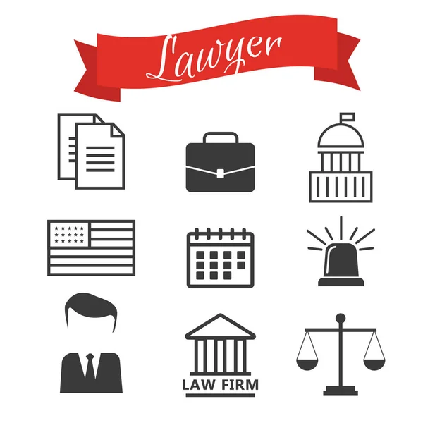 Conceito de advogado. Ícones de advogado em estilo plano. Assinatura e simbolismo do advogado — Vetor de Stock