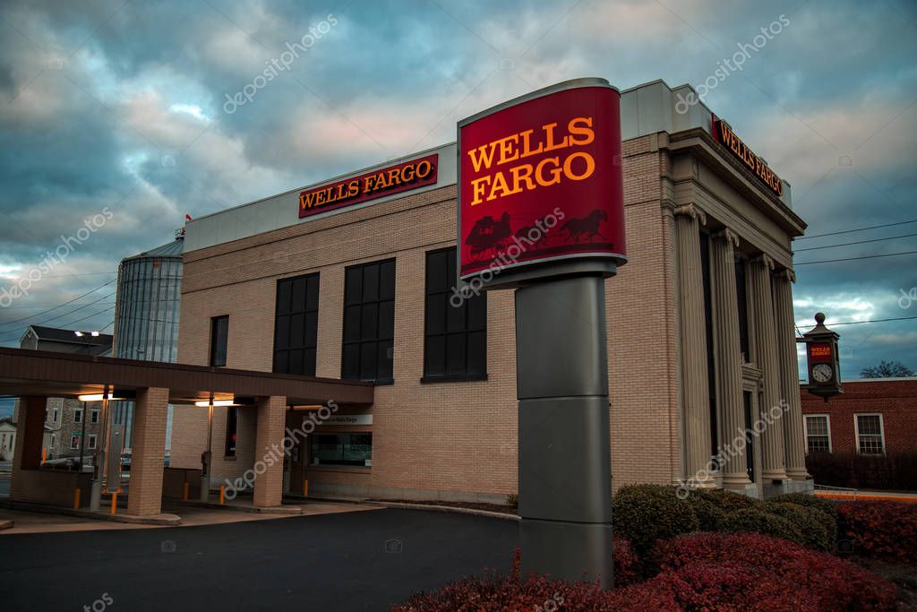 Mount Joy, PA / USA - December 3, 2016:  The Wells Fargo Branch Office at dusk in a Lancaster County community.