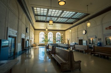 Lancaster, PA / USA - March 7, 2020: The Amtrak Train Station and a former Pennsylvania Railroad station in Lancaster County, Pennsylvania. It is the second busiest station in the state.