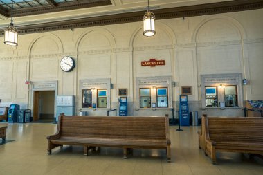 Lancaster, PA / USA - March 7, 2020: The Amtrak Train Station and a former Pennsylvania Railroad station in Lancaster County, Pennsylvania. It is the second busiest station in the state.