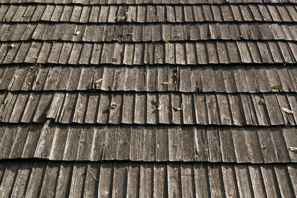 Παλιά ξύλινη στέγη με ξερά φύλλα σε αυτό. — Φωτογραφία Αρχείου