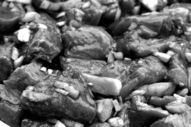 Domuz eti ile soğan siyah beyaz Barbekü için hazır.