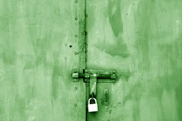 Old padlock on metal gate in green tone. — Stock Photo, Image