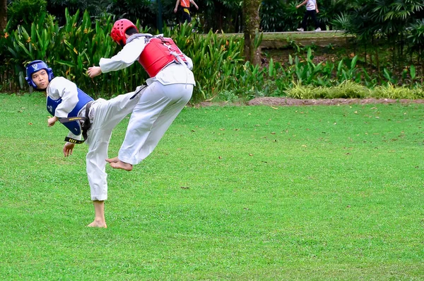Kuala Lumpur Malaysia December 2013 Oidentifierad Taekwondo Tonåring Sparkar Hans — Stockfoto