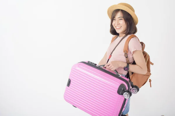 Hübsch Jung Asiatisch Tourist Frau Glücklich Auf Weiß Hintergrund Studio — Stockfoto