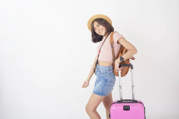 Bela Jovem Asiático Turista Mulher Feliz Branco Fundo Estúdio — Fotografia de Stock