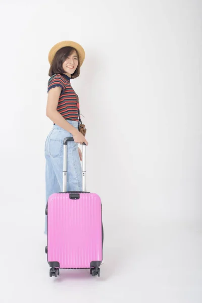 Hübsch Jung Asiatisch Tourist Frau Glücklich Auf Weiß Hintergrund Studio — Stockfoto