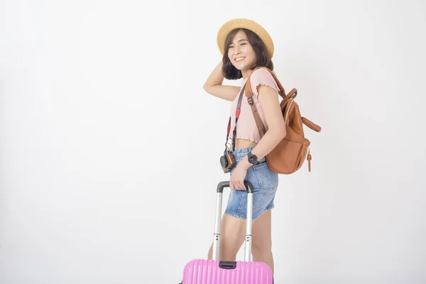 Hermosa Joven Asiático Turista Mujer Feliz Blanco Fondo Estudio —  Fotos de Stock