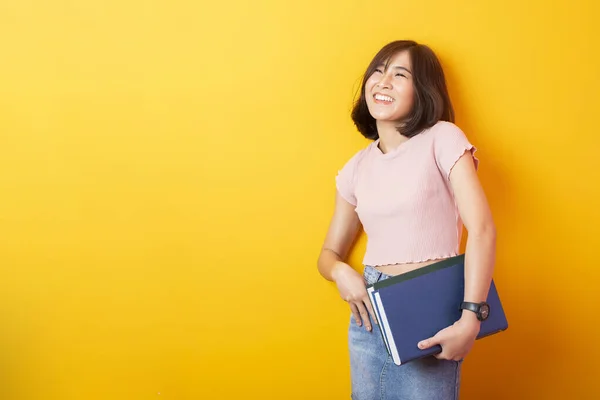 Beautiful Asian Woman University Student Happy Yellow Background — Stock Photo, Image