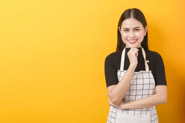 Happy female cook portrait on yellow background