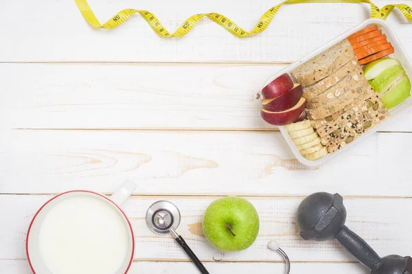 Diet Mat För Hälsosam Kost Vit Trä Bakgrund — Stockfoto