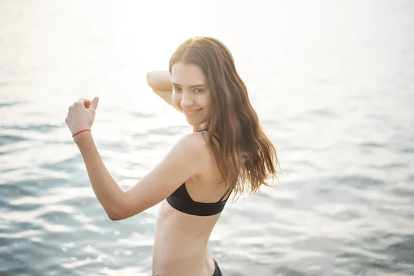 Beautiful Woman Black Bikini Enjoying Sea Water Beach — Stock Photo, Image