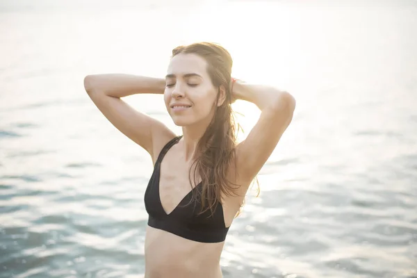 Beautiful Woman Black Bikini Enjoying Sea Water Beach — Stock Photo, Image