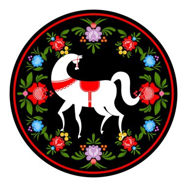 Gorodets beyaz at ve çiçek elemanları boyama. Rus natio