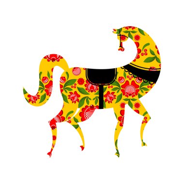 Gorodets siyah at ve çiçek elemanları boyama. Rus natio