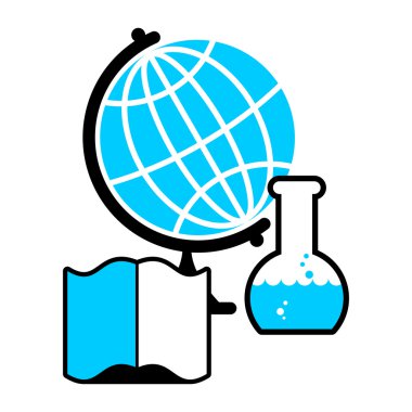 Bilim logosu. Küre ve laboratuvar şişesi. Kitap ve test tüpü res