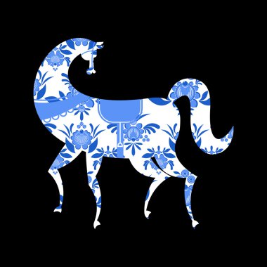 At Gzhel boyalı. Rus ulusal halk sanatı. Geleneksel de