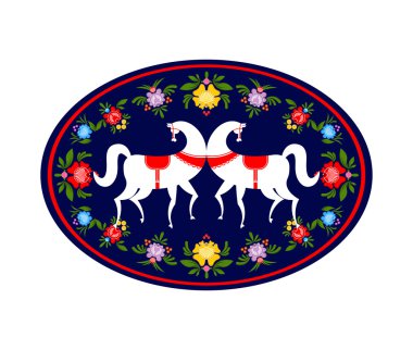 Gorodets beyaz at ve çiçek elemanları boyama. Rus natio