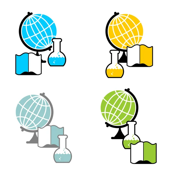 Tudományos logó. Gömb és laboratóriumi lombik. Könyv-és vizsgálócső-res — Stock Vector