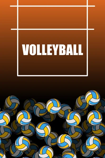 Volleybollplan och boll. Massa bollar. Volleyboll bakgrund. — Stock vektor