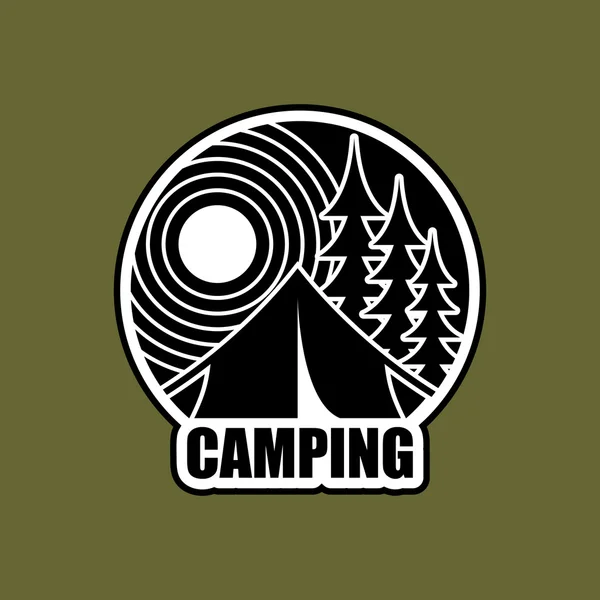 Campingplatz-Logo. Emblem für Übernachtungslager. Landschaft mit Zelt — Stockvektor