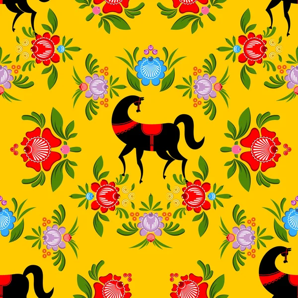 Gorodets pintura cavalo preto e floral sem costura padrão. Russi. — Vetor de Stock