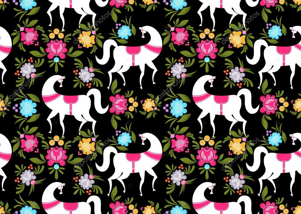 Gorodets painting Black horse and floral seamless pattern. Russi