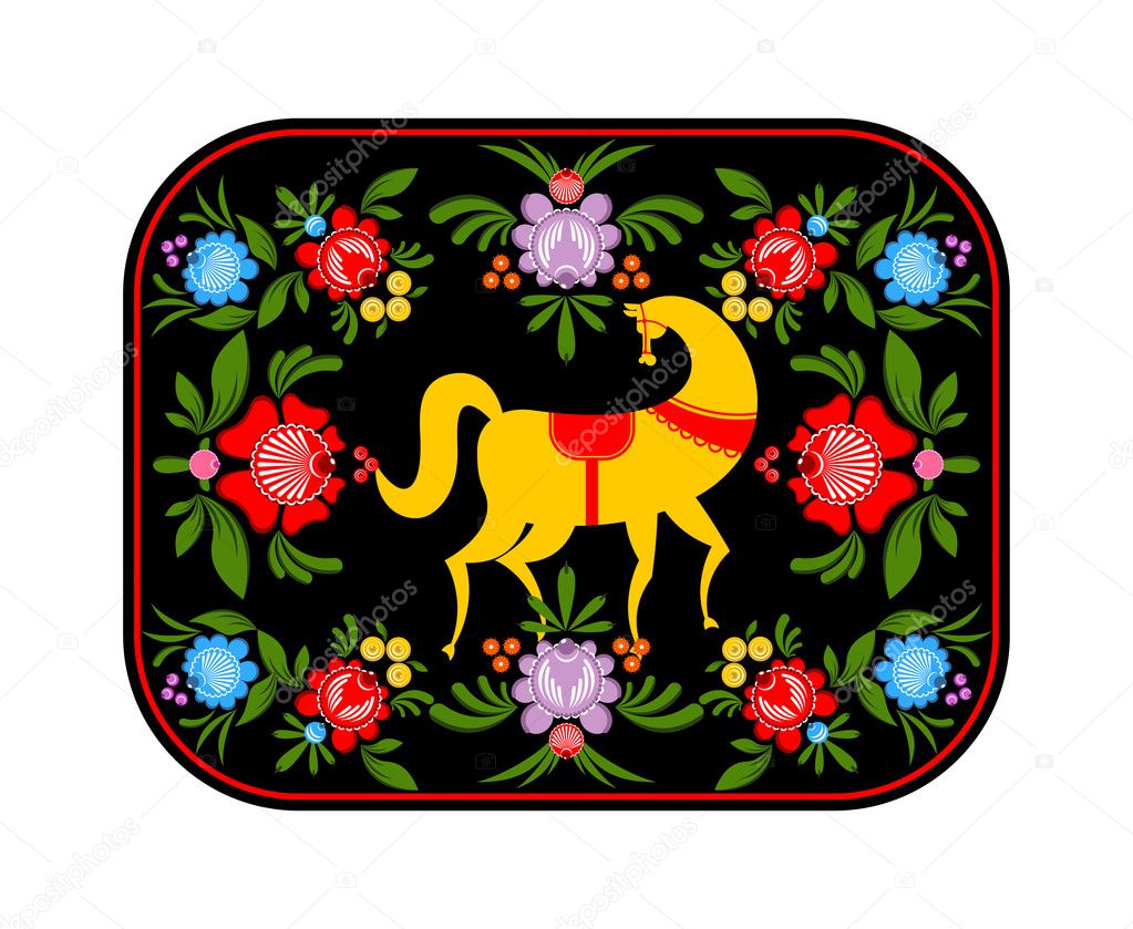 Gorodets painting yellow horse and floral elements. Russian nati