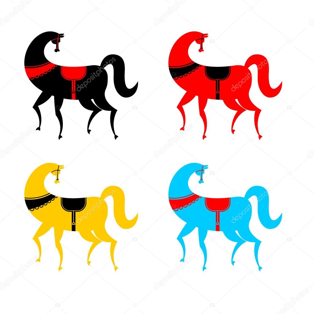 Gorodets painting colored horse set. Russian national folk craft