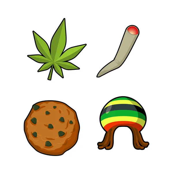 Conjunto de iconos de Rasta. Hoja verde de marihuana y galletas. Rastafari. — Vector de stock