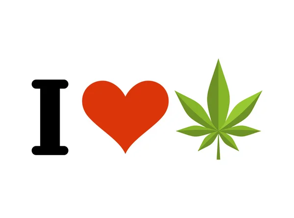 Me encantan las drogas. Hoja de corazón y marihuana. Emblema para que los fans fumen — Archivo Imágenes Vectoriales