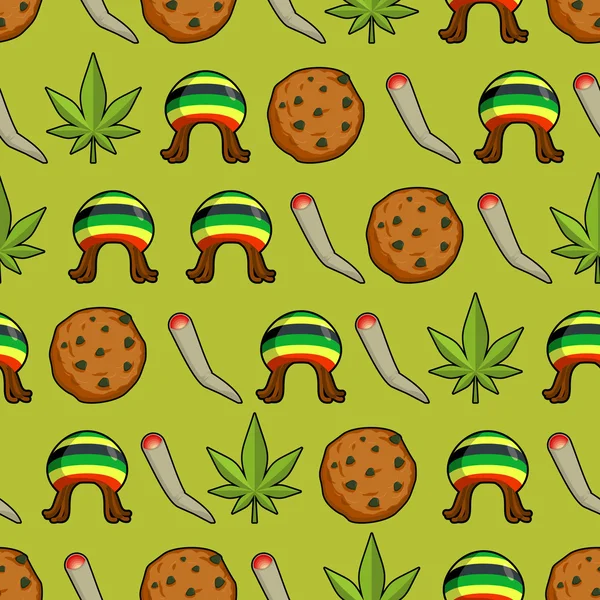 Ikony Rasta bez szwu wzór. Zielony liść marihuany i ciasteczko — Wektor stockowy