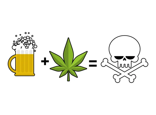 Alcohol en drugs is de dood. Beker van bier en marihuana blad is EQ — Stockvector