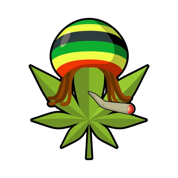 Leaf marijuana and reggae cap with dreadlocks. Green leaf cannab — Stock Vector